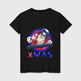 Женская футболка хлопок с принтом Санта клаус-XMAS в Новосибирске, 100% хлопок | прямой крой, круглый вырез горловины, длина до линии бедер, слегка спущенное плечо | 