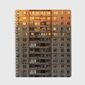 Тетрадь с принтом Панелька в Новосибирске, 100% бумага | 48 листов, плотность листов — 60 г/м2, плотность картонной обложки — 250 г/м2. Листы скреплены сбоку удобной пружинной спиралью. Уголки страниц и обложки скругленные. Цвет линий — светло-серый
 | Тематика изображения на принте: архитектура | грусть | здание | панелька | панельный дом | россия | советский | ссср | фото | эстетика