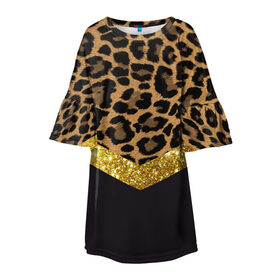 Детское платье 3D с принтом Леопардовый принт в Новосибирске, 100% полиэстер | прямой силуэт, чуть расширенный к низу. Круглая горловина, на рукавах — воланы | Тематика изображения на принте: success | swagg | блеск | блестки | животнй принт | золотистый | золото | золотой | леопард | леопардовый принт | понты | тигровый