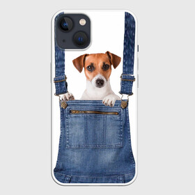 Чехол для iPhone 13 с принтом ЩЕНОК В КАРМАШКЕ в Новосибирске,  |  | Тематика изображения на принте: dog | jeans | packet | гав | джинсовый | дружок | животные | звери | карман | комбинезон | ломашние | одежда | пес | собака | щенок