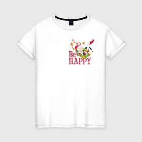 Женская футболка хлопок с принтом Be happy в Новосибирске, 100% хлопок | прямой крой, круглый вырез горловины, длина до линии бедер, слегка спущенное плечо | daffy | duck | looney | pig | porky | tunes | vdzajul | дак | даффи | пиг | порки
