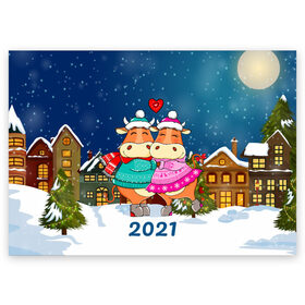 Поздравительная открытка с принтом Влюбленные бык и корова 2021 в Новосибирске, 100% бумага | плотность бумаги 280 г/м2, матовая, на обратной стороне линовка и место для марки
 | 2021 | 7 января | bull | newyear | santa | бык | быки | бычок | год быка | дед мороз | корова | новогодние каникулы | новогодние праздники | новый 2021 | новый год | новый год 2021 | рождество | сани | санта | санта клаус