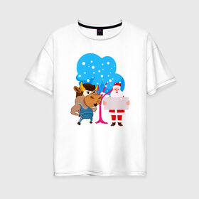 Женская футболка хлопок Oversize с принтом Санта и бык Новый год 2021 в Новосибирске, 100% хлопок | свободный крой, круглый ворот, спущенный рукав, длина до линии бедер
 | 
