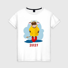 Женская футболка хлопок с принтом Год быка 2021 в Новосибирске, 100% хлопок | прямой крой, круглый вырез горловины, длина до линии бедер, слегка спущенное плечо | 