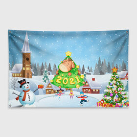 Флаг-баннер с принтом Елочка - год быка 2021 в Новосибирске, 100% полиэстер | размер 67 х 109 см, плотность ткани — 95 г/м2; по краям флага есть четыре люверса для крепления | 2021 | 7 января | bull | newyear | santa | бык | быки | бычок | год быка | дед мороз | корова | новогодние каникулы | новогодние праздники | новый 2021 | новый год | новый год 2021 | рождество | сани | санта | санта клаус