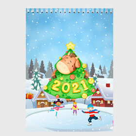 Скетчбук с принтом Елочка - год быка 2021 в Новосибирске, 100% бумага
 | 48 листов, плотность листов — 100 г/м2, плотность картонной обложки — 250 г/м2. Листы скреплены сверху удобной пружинной спиралью | Тематика изображения на принте: 2021 | 7 января | bull | newyear | santa | бык | быки | бычок | год быка | дед мороз | корова | новогодние каникулы | новогодние праздники | новый 2021 | новый год | новый год 2021 | рождество | сани | санта | санта клаус