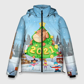 Мужская зимняя куртка 3D с принтом Елочка - год быка 2021 в Новосибирске, верх — 100% полиэстер; подкладка — 100% полиэстер; утеплитель — 100% полиэстер | длина ниже бедра, свободный силуэт Оверсайз. Есть воротник-стойка, отстегивающийся капюшон и ветрозащитная планка. 

Боковые карманы с листочкой на кнопках и внутренний карман на молнии. | 2021 | 7 января | bull | newyear | santa | бык | быки | бычок | год быка | дед мороз | корова | новогодние каникулы | новогодние праздники | новый 2021 | новый год | новый год 2021 | рождество | сани | санта | санта клаус