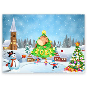 Поздравительная открытка с принтом Елочка - год быка 2021 в Новосибирске, 100% бумага | плотность бумаги 280 г/м2, матовая, на обратной стороне линовка и место для марки
 | 2021 | 7 января | bull | newyear | santa | бык | быки | бычок | год быка | дед мороз | корова | новогодние каникулы | новогодние праздники | новый 2021 | новый год | новый год 2021 | рождество | сани | санта | санта клаус