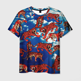 Мужская футболка 3D с принтом Тигры В Облаках в Новосибирске, 100% полиэфир | прямой крой, круглый вырез горловины, длина до линии бедер | белый | животные | звери | кот | кошки | красный | небо | облака | полосатый | природа | рычит | синий | тигры | тренд
