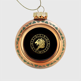 Стеклянный ёлочный шар с принтом Лев в Новосибирске, Стекло | Диаметр: 80 мм | знаки зодиака | золотой рисунок | лев | черный фон