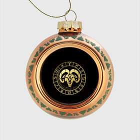 Стеклянный ёлочный шар с принтом Овен в Новосибирске, Стекло | Диаметр: 80 мм | знаки зодиака | золотой рисунок | овен | черный фон