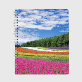 Тетрадь с принтом Цветочное поле в Новосибирске, 100% бумага | 48 листов, плотность листов — 60 г/м2, плотность картонной обложки — 250 г/м2. Листы скреплены сбоку удобной пружинной спиралью. Уголки страниц и обложки скругленные. Цвет линий — светло-серый
 | Тематика изображения на принте: деревья | лес | леса | луг | луга | небеса | небо | облака | облако | поле | поля | природа | растения | туча | тучи | цветок | цветы