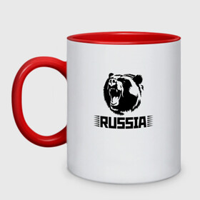 Кружка двухцветная с принтом Russia bear / Медведь Россия в Новосибирске, керамика | объем — 330 мл, диаметр — 80 мм. Цветная ручка и кайма сверху, в некоторых цветах — вся внутренняя часть | bear | russia | медведь | мишка | россия | рф | черный