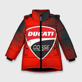 Зимняя куртка для девочек 3D с принтом Ducati Corse (Z) в Новосибирске, ткань верха — 100% полиэстер; подклад — 100% полиэстер, утеплитель — 100% полиэстер. | длина ниже бедра, удлиненная спинка, воротник стойка и отстегивающийся капюшон. Есть боковые карманы с листочкой на кнопках, утяжки по низу изделия и внутренний карман на молнии. 

Предусмотрены светоотражающий принт на спинке, радужный светоотражающий элемент на пуллере молнии и на резинке для утяжки. | audi | audi ag | corse | ducati | ducati corse | ducati motor holding | hypermotard | multistrada | panigale | scrambler | streetfighter | supersport | дукати | массимо борди | мото | фабио тальони