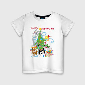 Детская футболка хлопок с принтом Happy Christmas! в Новосибирске, 100% хлопок | круглый вырез горловины, полуприлегающий силуэт, длина до линии бедер | bugs | bunny | cat | looney | sylvester | tunes | vdzajul | багз | бани | банни | сильвестр кот | твити