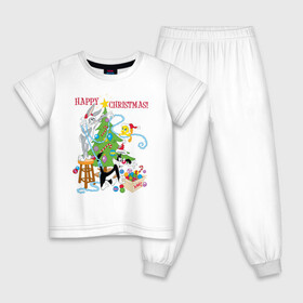Детская пижама хлопок с принтом Happy Christmas! в Новосибирске, 100% хлопок |  брюки и футболка прямого кроя, без карманов, на брюках мягкая резинка на поясе и по низу штанин
 | Тематика изображения на принте: bugs | bunny | cat | looney | sylvester | tunes | vdzajul | багз | бани | банни | сильвестр кот | твити