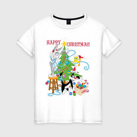 Женская футболка хлопок с принтом Happy Christmas! в Новосибирске, 100% хлопок | прямой крой, круглый вырез горловины, длина до линии бедер, слегка спущенное плечо | bugs | bunny | cat | looney | sylvester | tunes | vdzajul | багз | бани | банни | сильвестр кот | твити