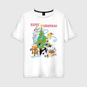 Женская футболка хлопок Oversize с принтом Happy Christmas! в Новосибирске, 100% хлопок | свободный крой, круглый ворот, спущенный рукав, длина до линии бедер
 | bugs | bunny | cat | looney | sylvester | tunes | vdzajul | багз | бани | банни | сильвестр кот | твити