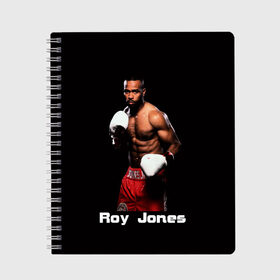 Тетрадь с принтом Roy Jones в Новосибирске, 100% бумага | 48 листов, плотность листов — 60 г/м2, плотность картонной обложки — 250 г/м2. Листы скреплены сбоку удобной пружинной спиралью. Уголки страниц и обложки скругленные. Цвет линий — светло-серый
 | boxer | boxing | great boxer | roy jones | roy jones lettering | roy jones print | бокс | боксер | великий боксер | надпись roy jones | принт roy jones | рой джонс