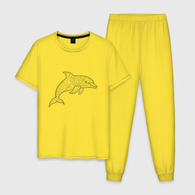 Мужская пижама хлопок с принтом Дельфин линейный с узорами в Новосибирске, 100% хлопок | брюки и футболка прямого кроя, без карманов, на брюках мягкая резинка на поясе и по низу штанин
 | дельфин | животное | линейный | морское | океанское | узоры | чёрно  белый