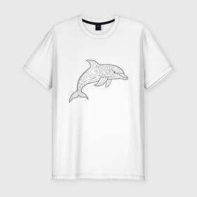 Мужская футболка хлопок Slim с принтом Дельфин линейный с узорами в Новосибирске, 92% хлопок, 8% лайкра | приталенный силуэт, круглый вырез ворота, длина до линии бедра, короткий рукав | дельфин | животное | линейный | морское | океанское | узоры | чёрно  белый