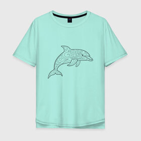 Мужская футболка хлопок Oversize с принтом Дельфин линейный с узорами в Новосибирске, 100% хлопок | свободный крой, круглый ворот, “спинка” длиннее передней части | Тематика изображения на принте: дельфин | животное | линейный | морское | океанское | узоры | чёрно  белый