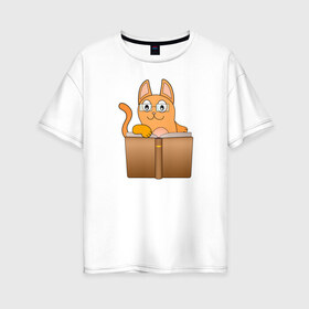 Женская футболка хлопок Oversize с принтом Кот в очках читает книгу в Новосибирске, 100% хлопок | свободный крой, круглый ворот, спущенный рукав, длина до линии бедер
 | животное | кот | кот учёный | кошка | мультяшный | очки | рыжий | чтение