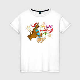Женская футболка хлопок с принтом Super sweet holidays в Новосибирске, 100% хлопок | прямой крой, круглый вырез горловины, длина до линии бедер, слегка спущенное плечо | 005850 | scooby doo | shaggy | vdkotan | велма | дафна | скуби | скуби ду | шэгги