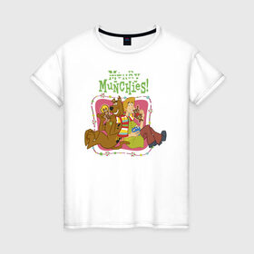 Женская футболка хлопок с принтом Merry munchies в Новосибирске, 100% хлопок | прямой крой, круглый вырез горловины, длина до линии бедер, слегка спущенное плечо | 005850 | scooby doo | shaggy | vdkotan | велма | дафна | скуби | скуби ду | шэгги
