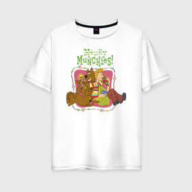 Женская футболка хлопок Oversize с принтом Merry munchies в Новосибирске, 100% хлопок | свободный крой, круглый ворот, спущенный рукав, длина до линии бедер
 | Тематика изображения на принте: 005850 | scooby doo | shaggy | vdkotan | велма | дафна | скуби | скуби ду | шэгги