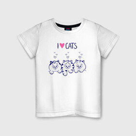 Детская футболка хлопок с принтом I love cats в Новосибирске, 100% хлопок | круглый вырез горловины, полуприлегающий силуэт, длина до линии бедер | Тематика изображения на принте: cat | cats | i love | i love cats | love | love cats | three cats | кот | котенок | коты | котята | котята сердечки | кошки сердечки | люблю котов | люблю кошек | сердечки | три кота | три котенка | три кошки | я люблю