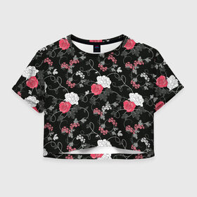 Женская футболка Crop-top 3D с принтом Цветочный сад в Новосибирске, 100% полиэстер | круглая горловина, длина футболки до линии талии, рукава с отворотами | abstract | flowers | texturae | абстракция | белый | стиль | текстура | цветы | черно белый | черный