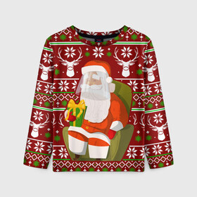 Детский лонгслив 3D с принтом Санта с защитным экраном в Новосибирске, 100% полиэстер | длинные рукава, круглый вырез горловины, полуприлегающий силуэт
 | deer | happy new year | new year | santa | защитный экран | корона | коронавирус | новогодний свитер | новый год | санта | санта клаус | свитер | свитер с маской | свитер с оленями