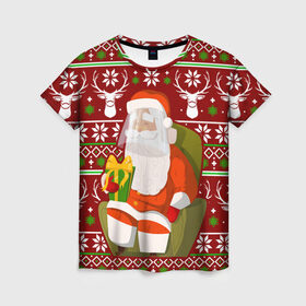Женская футболка 3D с принтом Санта с защитным экраном в Новосибирске, 100% полиэфир ( синтетическое хлопкоподобное полотно) | прямой крой, круглый вырез горловины, длина до линии бедер | deer | happy new year | new year | santa | защитный экран | корона | коронавирус | новогодний свитер | новый год | санта | санта клаус | свитер | свитер с маской | свитер с оленями
