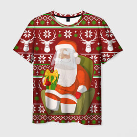 Мужская футболка 3D с принтом Санта с защитным экраном в Новосибирске, 100% полиэфир | прямой крой, круглый вырез горловины, длина до линии бедер | deer | happy new year | new year | santa | защитный экран | корона | коронавирус | новогодний свитер | новый год | санта | санта клаус | свитер | свитер с маской | свитер с оленями