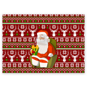 Поздравительная открытка с принтом Санта с защитным экраном в Новосибирске, 100% бумага | плотность бумаги 280 г/м2, матовая, на обратной стороне линовка и место для марки
 | deer | happy new year | new year | santa | защитный экран | корона | коронавирус | новогодний свитер | новый год | санта | санта клаус | свитер | свитер с маской | свитер с оленями