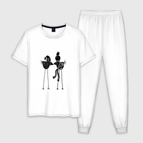Мужская пижама хлопок с принтом Черно-белые птички в Новосибирске, 100% хлопок | брюки и футболка прямого кроя, без карманов, на брюках мягкая резинка на поясе и по низу штанин
 | 