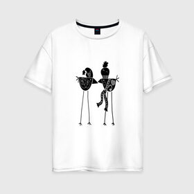 Женская футболка хлопок Oversize с принтом Черно-белые птички в Новосибирске, 100% хлопок | свободный крой, круглый ворот, спущенный рукав, длина до линии бедер
 | 