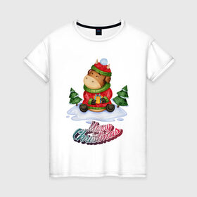 Женская футболка хлопок с принтом Бычок зимой в Новосибирске, 100% хлопок | прямой крой, круглый вырез горловины, длина до линии бедер, слегка спущенное плечо | 