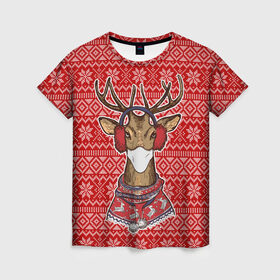 Женская футболка 3D с принтом Deer in a medical mask в Новосибирске, 100% полиэфир ( синтетическое хлопкоподобное полотно) | прямой крой, круглый вырез горловины, длина до линии бедер | deer | happy new year | new year | santa | защитный экран | корона | коронавирус | новогодний свитер | новый год | свитер | свитер с маской | свитер с оленями