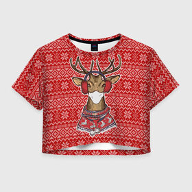 Женская футболка Crop-top 3D с принтом Deer in a medical mask в Новосибирске, 100% полиэстер | круглая горловина, длина футболки до линии талии, рукава с отворотами | deer | happy new year | new year | santa | защитный экран | корона | коронавирус | новогодний свитер | новый год | свитер | свитер с маской | свитер с оленями