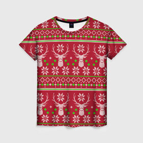 Женская футболка 3D с принтом Viral sweater в Новосибирске, 100% полиэфир ( синтетическое хлопкоподобное полотно) | прямой крой, круглый вырез горловины, длина до линии бедер | Тематика изображения на принте: deer | happy new year | new year | santa | защитный экран | корона | коронавирус | новогодний свитер | новый год | свитер | свитер с маской | свитер с оленями