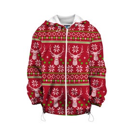 Детская куртка 3D с принтом Viral sweater в Новосибирске, 100% полиэстер | застежка — молния, подол и капюшон оформлены резинкой с фиксаторами, по бокам — два кармана без застежек, один потайной карман на груди, плотность верхнего слоя — 90 г/м2; плотность флисового подклада — 260 г/м2 | deer | happy new year | new year | santa | защитный экран | корона | коронавирус | новогодний свитер | новый год | свитер | свитер с маской | свитер с оленями