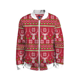 Детский бомбер 3D с принтом Viral sweater в Новосибирске, 100% полиэстер | застегивается на молнию, по бокам два кармана без застежек, мягкие манжеты, по низу бомбера и на воротнике — эластичная резинка | deer | happy new year | new year | santa | защитный экран | корона | коронавирус | новогодний свитер | новый год | свитер | свитер с маской | свитер с оленями
