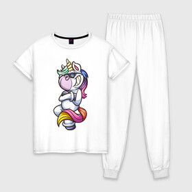 Женская пижама хлопок с принтом Cool Unicorn в Новосибирске, 100% хлопок | брюки и футболка прямого кроя, без карманов, на брюках мягкая резинка на поясе и по низу штанин | арт | графика | единорог | пони | фэнтази