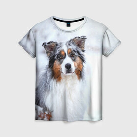 Женская футболка 3D с принтом Австралийская овчарка в Новосибирске, 100% полиэфир ( синтетическое хлопкоподобное полотно) | прямой крой, круглый вырез горловины, длина до линии бедер | Тематика изображения на принте: dog | австралийская | животные | овчарка | пес | природа | собака | собаки | собакчка | собачки