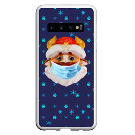 Чехол для Samsung Galaxy S10 с принтом Новогодний бык в Новосибирске, Силикон | Область печати: задняя сторона чехла, без боковых панелей | Тематика изображения на принте: антикоронавирус | защита | корова | маска | новый год | праздник | символ | снежинки