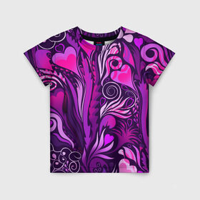 Детская футболка 3D с принтом САД РОЗОВЫХ СЕРДЕЦ в Новосибирске, 100% гипоаллергенный полиэфир | прямой крой, круглый вырез горловины, длина до линии бедер, чуть спущенное плечо, ткань немного тянется | листья | растения | розовый | сердце | фиолетовый
