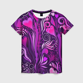 Женская футболка 3D с принтом САД РОЗОВЫХ СЕРДЕЦ в Новосибирске, 100% полиэфир ( синтетическое хлопкоподобное полотно) | прямой крой, круглый вырез горловины, длина до линии бедер | листья | растения | розовый | сердце | фиолетовый