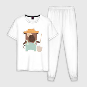 Мужская пижама хлопок с принтом Бык садовник в Новосибирске, 100% хлопок | брюки и футболка прямого кроя, без карманов, на брюках мягкая резинка на поясе и по низу штанин
 | Тематика изображения на принте: 